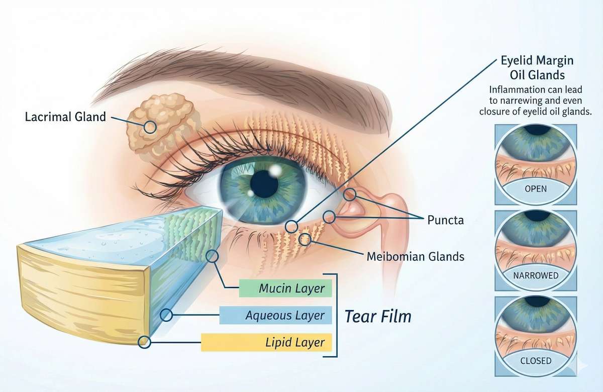 Detailed medical illustration showing eye anatomy including lacrimal gland, meibomian glands, puncta, and three-layer tear film structure with mucin, aqueous, and lipid layers, plus inset images showing open, narrowed, and closed oil gland states.